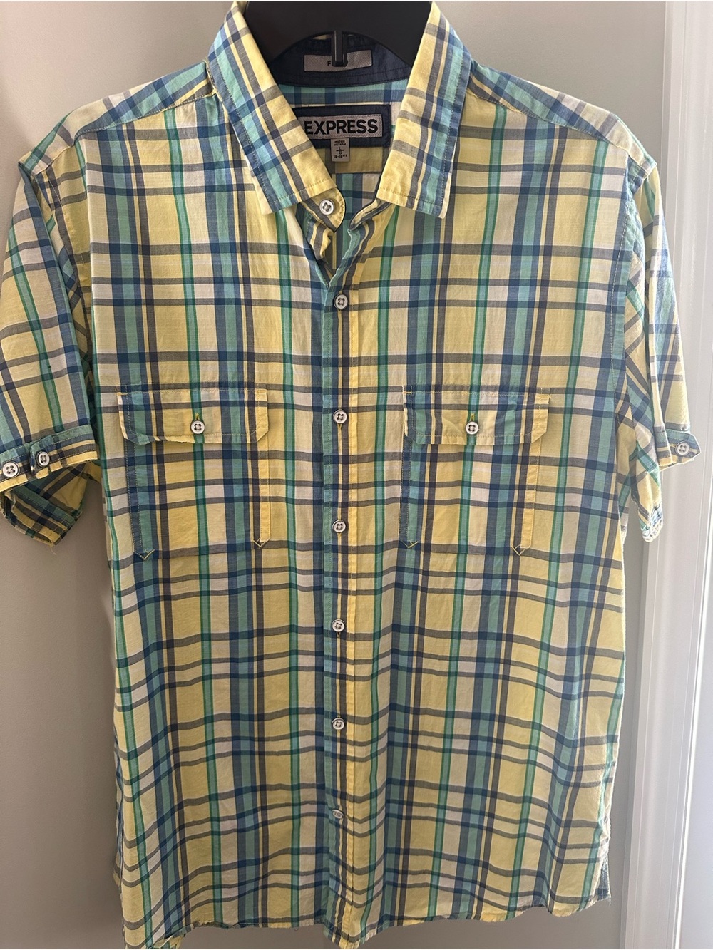 Express Men’s Yellow and Blue Plaid Short-Sleeve Button-Down Shirt